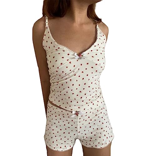 PDYLZWZY Damen Y2k 2 Stück Spitze Shorts Set Floral Print ärmelloses V-Ausschnitt Camisole mit Shorts Pyjama Set Schlafanzug Loungewear (White, M) von PDYLZWZY