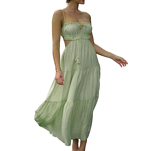 PDYLZWZY Damen Y2k Boho Spaghettiträger Langes Kleid Boho Niedrig geschnittenes Kleid Rückenfreies Bodycon Midikleid Seitliche Ausschnitte Fließendes Maxikleid (Green, S) von PDYLZWZY