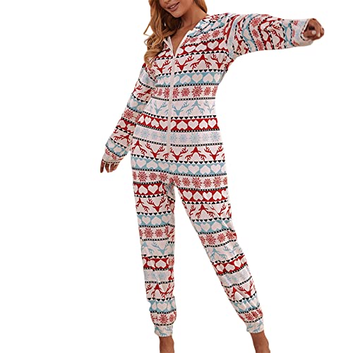 PDYLZWZY Jumpsuit Damen Overall Winter Kuscheliger Hausanzug One Piece Pyjamas Santa-Muster drucken Weihnachten Einteiler Schlafanzug Strampler mit Kapuze und Reißverschluss (Blau Rot Weiß, L) von PDYLZWZY