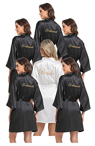 PENGEE 6-teiliges Damen-Bademantel-Set, Satin, für Hochzeit, Party, Brautjungfer, Kimono-Set, Brautparty, Bereitstellung von Brautjungfern, seidiger Bademantel, Schwarz und Weiß, Einheitsgröße von PENGEE