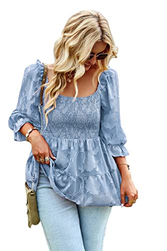 PENGEE Damen Blusen mit quadratischem Ausschnitt Chiffon Floral 3/4 Ärmel Babydoll Tunika Shirt Gesmokte Schößchen Tops, Blau, Medium von PENGEE