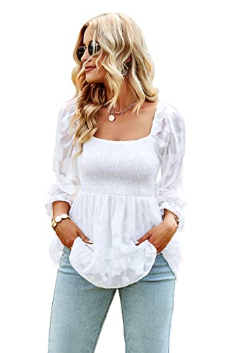 PENGEE Damen Blusen mit quadratischem Ausschnitt Chiffon Floral 3/4 Ärmel Babydoll Tunika Shirt Gesmokte Schößchen Tops, Weiss/opulenter Garten, X-Large von PENGEE