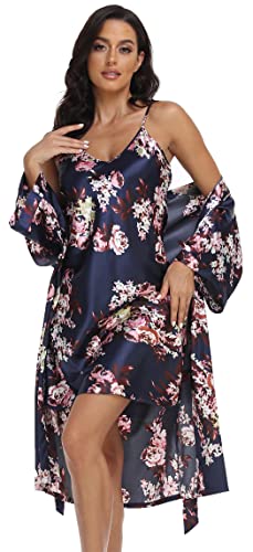 PENGEE Damen Satin Bademäntel Set mit Nachthemd Seide Kimono Pyjama Set 2 Stück Sexy Nachtwäsche Camisole Hochzeit Brautkleid Set, Floralnavy, Medium von PENGEE