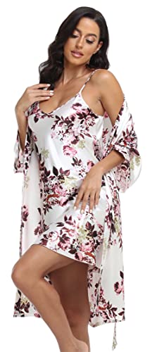 PENGEE Damen Satin Bademäntel Set mit Nachthemd Seide Kimono Pyjama Set 2 Stück Sexy Nachtwäsche Camisole Hochzeit Brautkleid Set, Floralweiß, Medium von PENGEE