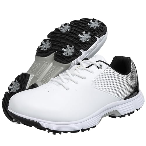 PENXZT Herren Golfschuhe Lässige Golf -Turnschuhe mit Spikes Non Slip Outdoor wasserdichte Golftrainingsschuhe,Weiß,40 EU von PENXZT