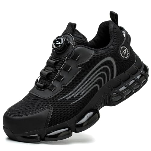 PENXZT Sicherheitsschuhe Herren Damen Arbeitsschuhe Mode Drehknopf Stahlkappenschuhe Anti-Smashing Atmungsaktiv Sportlich Schutzschuhe,Schwarz,39 EU von PENXZT