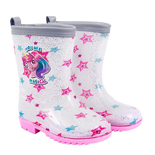 PERLETTI Kinder Einhorn Regenstiefel mit Glitzern - Weiße Wasserdichte Gummistiefel Regen Stiefel Rutschfest mit Silber Rand Reflektierend - Unicorn Stiefeletten Kleinkind Mädchen (Silber, 24/25 EU) von PERLETTI