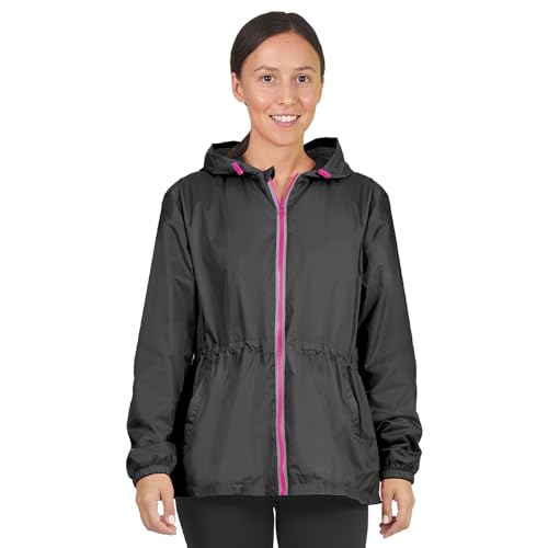 PERLETTI Regenjacke Damen Schwarz mit Hohe Sichtbarkeit - Reflektierende Regenponcho Windbreaker Trainingsjacke für Frauen - wasserdichte Outdoor Rain Jacket - Anorak für Freizeit (XL, Schwarz) von PERLETTI