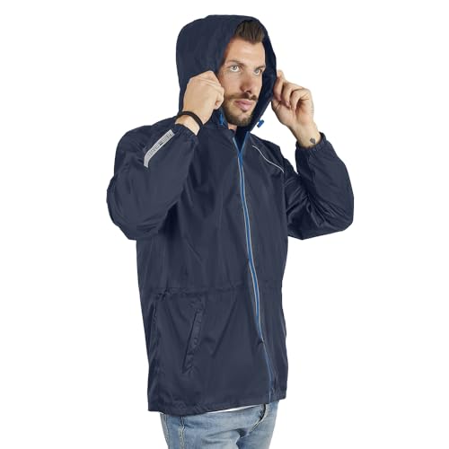 PERLETTI Regenjacke Herren Blau für Hohe Sichtbarkeit - Reflektierende Regenponcho Windbreaker Trainingsjacke für Männer - wasserdichte Rain Jacket mit Etui - Anorak für Freizeit (M, Blau) von PERLETTI