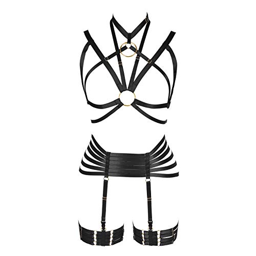 PETMHS Damen Punk Cut Out Harness Body Full Strappy Dessous Strumpfgürtel Set Elastizität Goth Club Rave Wear, Schwarz O593+P181, Einheitsgröße von PETMHS