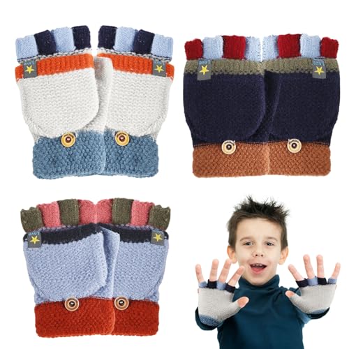 PEUTIER 3 Paar Fingerlose Handschuhe für Kinder, Umwandelbar Babyhandschuhe Winter Handschuhe für Kleinkinder mit Klappdeckel Gestrickt für Kinder Jungen Mädchen 2-8 Jahre(navy,blau,grau,blau) von PEUTIER