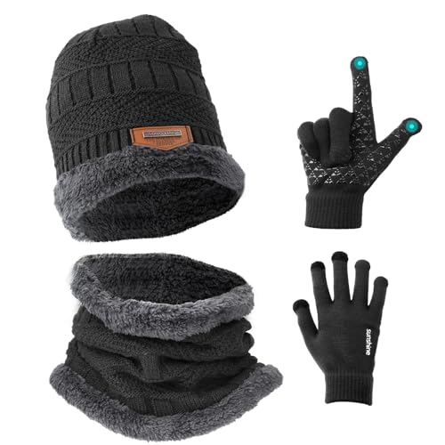 PEUTIER Wintermütze Schal Handschuhe Set, Fleece-Gefüttert Warme Strick-Schädelmütze Touchscreen-Handschuhe Kreisförmiger Halswärmer für Männer und Frauen Outdoor-Sport Wintergeschenke (Grau) von PEUTIER