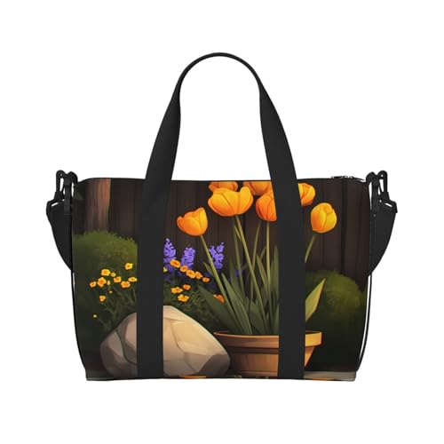 Phayah Reisetasche mit Tulpen im Topf, Sporttasche, Schultertasche, Wochenendtasche, Übernachtungstasche für Damen, Schwarz , Einheitsgröße Phayah Reisetasche mit Tulpen im Topf, Sporttasche, Schultertasche, Wochenendtasche, Übernachtungstasche für Damen, Schwarz , Einheitsgröße von PHAYAH