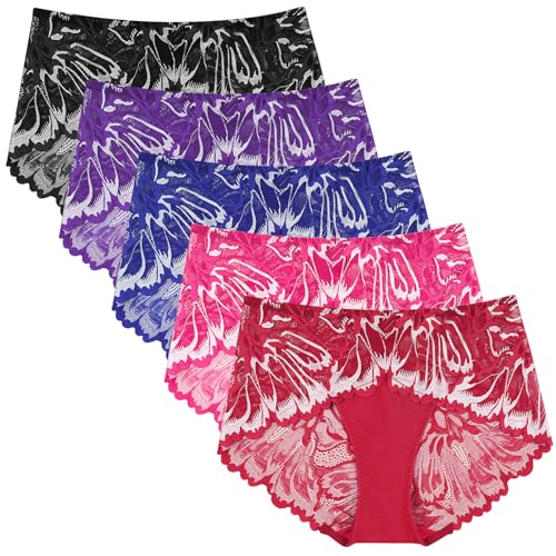 PHOLEEY Spitzen Unterwäsche Frauen Sexy Unterhosen Damen Slips Bequeme Atmungsaktiv Spitze Höschen Hipster Dessous 5er Pack,XL von PHOLEEY