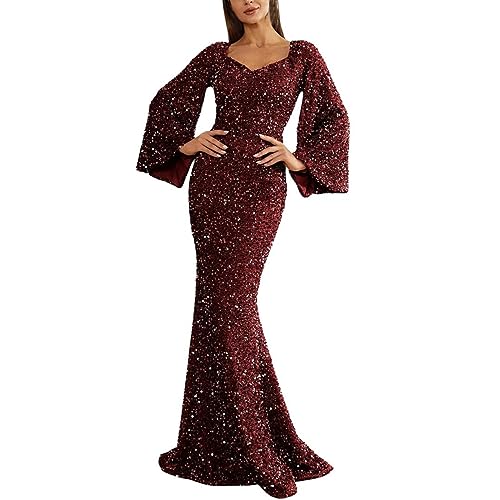 Abendkleid für Damen, Brautjungfernkleid, modisch, V-Ausschnitt, figurbetontes Paillettenkleid mit ausgestellten Ärmeln, mittlere Taille, langes Partykleid, Hochzeitsgastkleider für Damen Party von PINTUTU