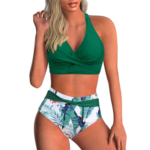 Bikini Damen Bauchweg Große Brüste Badeanzug High Waist Push Up Bikinis für Damen V Ausschnitt Blumenmuster Bademode Bauchkontrolle Zweiteilige Bademode Swimsuit Badeanzug Strand Ties Zweiteiliger von PINTUTU