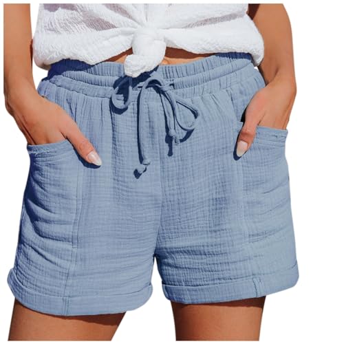 Damen Shorts Sommer Mode Lässige Musselin Hose mit hoher Taille Gerades Bein Sport Lässige Lockere Shorts mit Kordelzug Kurze Hose mit Taschen Gummiband Freizeit Shorts Elastische Stoffhose Weite von PINTUTU