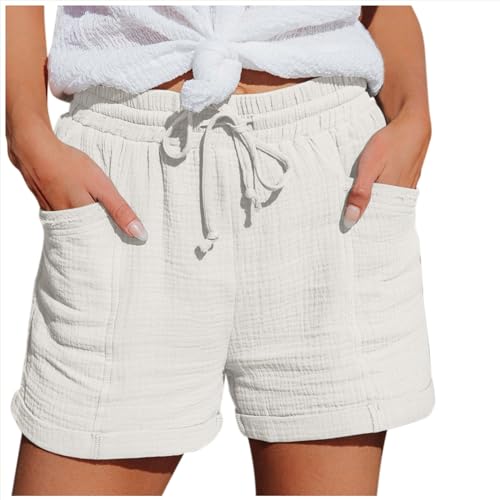 Damen Shorts Sommer Mode Lässige Musselin Hose mit hoher Taille Gerades Bein Sport Lässige Lockere Shorts mit Kordelzug Kurze Hose mit Taschen Gummiband Freizeit Shorts Elastische Stoffhose Weite von PINTUTU