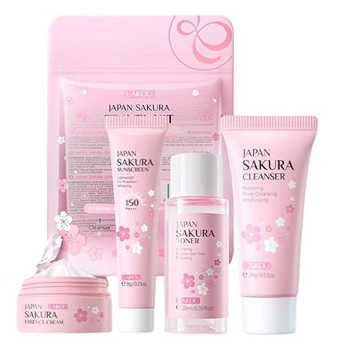 Sakura Reise-Hautpflege-Set für Teenager-Mädchen – Gesichtsroutine-Set für Frauen, 4-teiliges sanftes Hautreinigungs- und Pflege-Set in Reisegröße, mit Reiniger, Toner, Sonnenschutz und Gesichtscreme von PIWINE