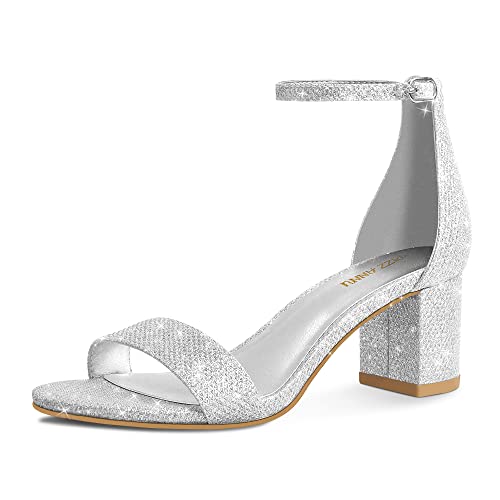 PIZZ ANNU Damen Low Block Chunky Heels Sandalen Bequeme Open Toe Knöchelriemen Party Kleid Pumpschuhe Riemchenschnalle Absatz Sandale mit 5 cm Hoch Dicke Absatz Design, Silber Glitter, 43 EU von PIZZ ANNU