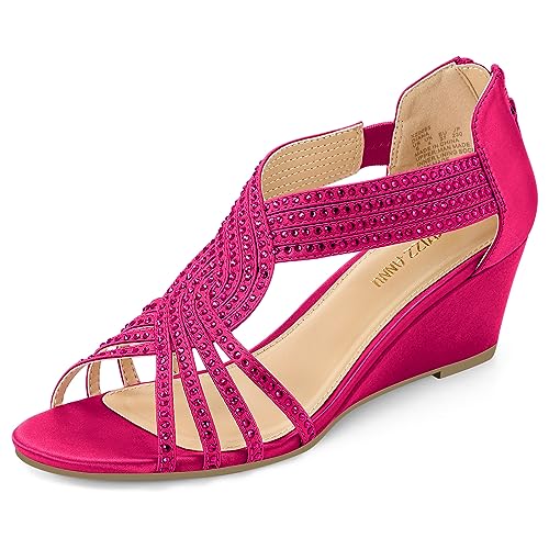 PIZZ ANNU Diana Damen-Sandalen mit niedrigem Keilabsatz, glitzernd, Strass, offener Zehenbereich, modische Schuhe für Damen, Brauttanz, Nude, Weiß, Hot Pink, Rot, Knallpink (Hot Pink), 38.5 EU von PIZZ ANNU