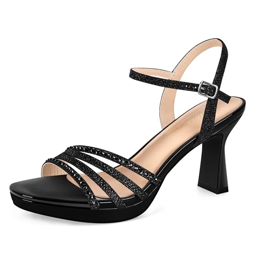 PIZZ ANNU Lena Damen-Sandalen, Plateauabsatz, hoher Block, klobig, glitzernd, Strass, offener Zehenbereich, Knöchelriemen, modische Pump-Sandalen, Schuhe für Party, Hochzeit, Schwarz Lack, 38 EU von PIZZ ANNU