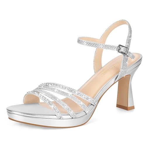 PIZZ ANNU Lena Damen-Sandalen, Plateauabsatz, hoher Block, klobig, glitzernd, Strass, offener Zehenbereich, Knöchelriemen, modische Pump-Sandalen, Schuhe für Party, Hochzeit, silber, 42 EU von PIZZ ANNU