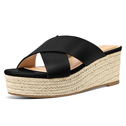 PIZZ ANNU Sandalen Damen Espadrilles Plateau Keilabsatz Frauen Keilsandalen Sandaletten Sommer Schuhe Hausschuhe Pantoletten Elegant Schwarz EU 38.5 Schmal von PIZZ ANNU