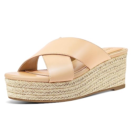 PIZZ ANNU Sandalen Damen Espadrilles Plateau Keilabsatz Frauen Keilsandalen Sandaletten Sommer Schuhe Hausschuhe Pantoletten Elegant Nude EU 41 Schmal von PIZZ ANNU