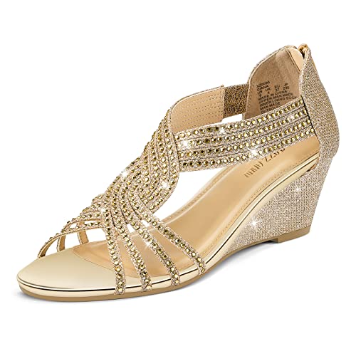 PIZZ ANNU Sandalen Damen Glitzer Strass Sandaletten mit Keilabsatz Reißverschluss Plateau Sommer Frauen Schuhe Keilsandalen Elegant Bequem Sommerschuhe Gold EU 36 von PIZZ ANNU