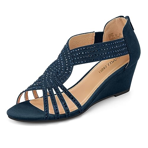 PIZZ ANNU Sandalen Damen Glitzer Strass Sandaletten mit Keilabsatz Reißverschluss Plateau Sommer Frauen Schuhe Keilsandalen Elegant Bequem Sommerschuhe Marineblau EU 36 von PIZZ ANNU