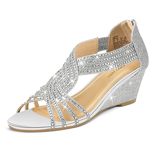 PIZZ ANNU Sandalen Damen Glitzer Strass Sandaletten mit Keilabsatz Reißverschluss Plateau Sommer Frauen Schuhe Keilsandalen Elegant Bequem Sommerschuhe Silber EU 38 von PIZZ ANNU