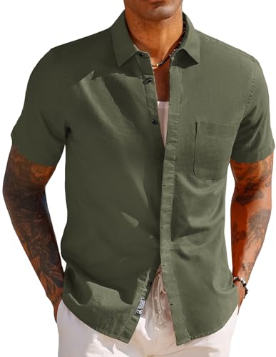 PJ PAUL JONES Hemden Herren Kurzarm Leinenhemd Einfarbig Regular Fit Freizeithemd für Sommer (Grün, XL) von PJ PAUL JONES