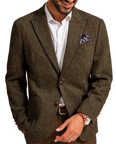 PJ PAUL JONES Herren-Blazer Vintage Fischgräten-Tweed-Blazer mit zwei Knöpfen, Wollmischung, Sportmantel mit Einstecktuch, Braun, XL PJ PAUL JONES Herren-Blazer Vintage Fischgräten-Tweed-Blazer mit zwei Knöpfen, Wollmischung, Sportmantel mit Einstecktuch, Braun, XL von PJ PAUL JONES