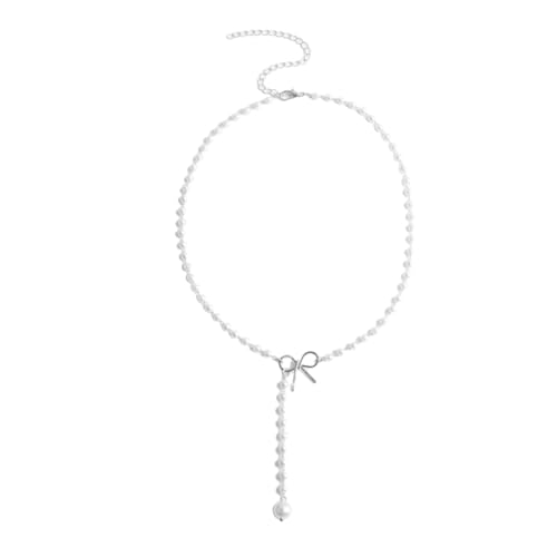 Elegante Halskette mit Schleifen-Quasten-Anhänger, süße Perlenkette, Choker, einfache Schlüsselbeinkette, Modeschmuck, Siehe Abbildung von PLCPDM
