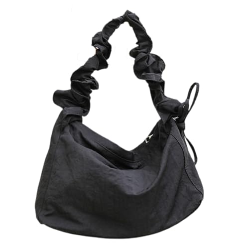 Lässige Damen-Handtasche, solides Nylon, verstellbarer Riemen, modisch, plissiert, Kordelzug, Crossbody-Tasche, Unterarm-Geldbörse, Schwarz von PLCPDM