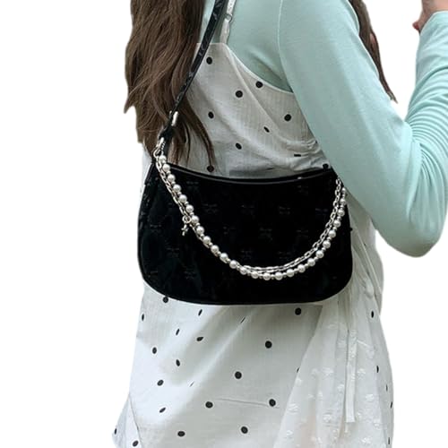 Moderne Achseltasche, PU-Leder, Unterarm-Schulter-Handtasche für Damen, Perlenkette, Reißverschluss, Crossbody-Tasche, Schwarz von PLCPDM