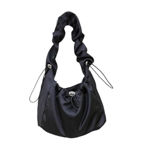 Nylon Plissee Kordelzug Unterarmtasche gerüschte Schultertasche Handtasche für Frauen Reißverschluss Crossbody Achseltasche Geldbörse, Schwarz von PLCPDM