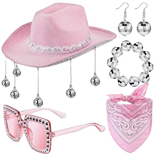 PLCPDM 5 Stück Punk Mittelalterlicher Cowboyhut mit Kugelohrring und Kopftuch, Damen-Sonnenbrille, Armreif für Festival, Party, Aufführungen, Sonnenbrille für Damen, Sonnenbrille, Großpackung von PLCPDM