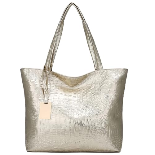 PLCPDM Damen-Einkaufstasche aus PU-Leder, großes Fassungsvermögen, lässig, große Umhängetasche, glitzerndes Metallic-Alligator-Muster, Handtasche, gold von PLCPDM