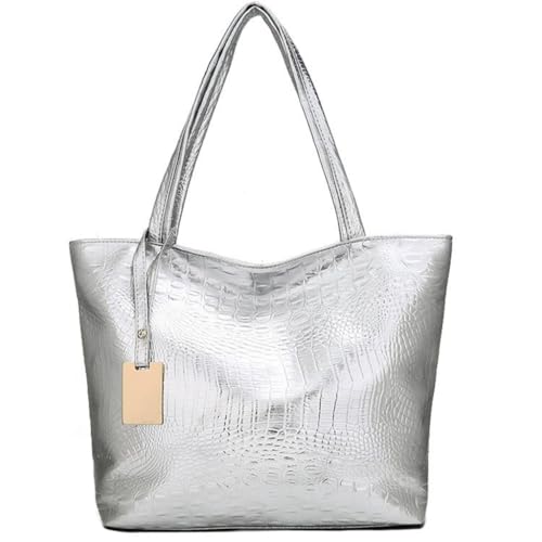 PLCPDM Damen-Einkaufstasche aus PU-Leder, großes Fassungsvermögen, lässig, große Umhängetasche, glitzerndes Metallic-Alligator-Muster, Handtasche, silber von PLCPDM