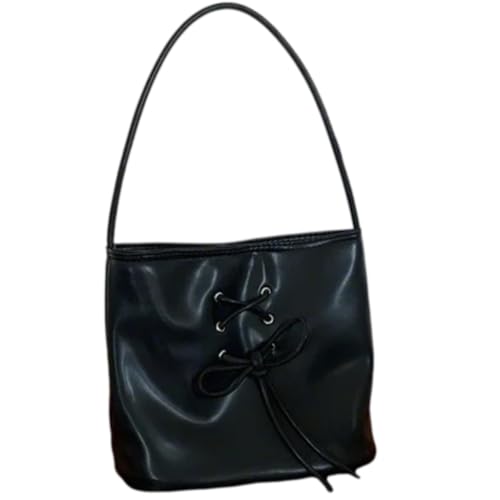 PLCPDM Damen-Handtasche mit Schleife, PU-Leder, modische Achseltasche, Unterarmtasche, Eimertasche für Dating und Alltag, Schwarz von PLCPDM