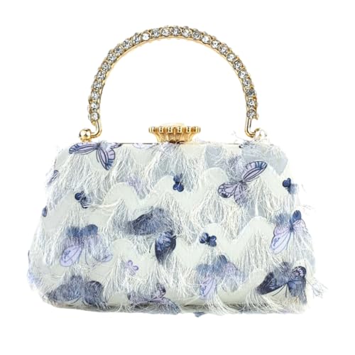 PLCPDM Damen-Handtasche mit Strasssteinen, Metallgriff, Abendtasche mit Kette, Schmetterlings-Quasten, Cheongsam-Handtasche für Partys, blau von PLCPDM
