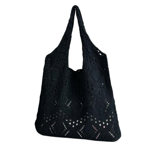 PLCPDM Damen-Strandtasche, große Kapazität, ausgehöhlt, gestrickt, Unterarm-Umhängetasche, Einkaufstasche für Reisen, Freizeit, Schwarz von PLCPDM