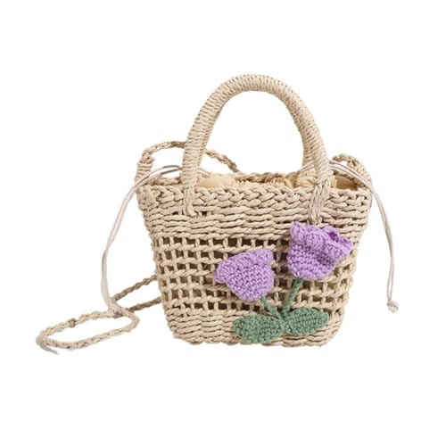 PLCPDM Damen-Umhängetasche aus Stroh, süße Strandtasche, modische Umhängetasche, handgefertigt, kleine Handtasche für Urlaub, Reisen, Violett, Blumenmuster, Beige von PLCPDM