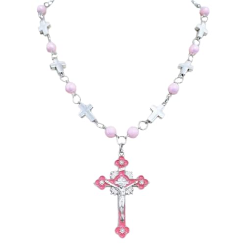 PLCPDM Rosenkranz-Halskette mit Acrylperlen, christliches Kreuz-Anhänger, Pulloverkette, herzförmige Halskette, Kirchenschmuck, Damenschmuck, Taufe, Wie abgebildet von PLCPDM