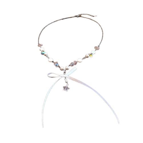 PLCPDM Schlüsselbeinkette mit Schleife und Stern für Damen und Mädchen, bunte Perlen, handgefertigt, Choker, verstellbares Schlüsselbeinkette, Schmuck, Siehe Abbildung von PLCPDM