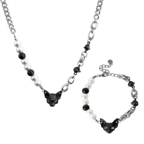 PLCPDM Schwarze Katze Perlen Spleißen Armband Halskette Set Frauen Mode Choker Schlüsselbein Kette High Sense Hals Kette Schmuck, Siehe Abbildung von PLCPDM