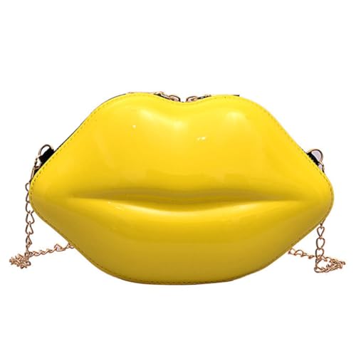 PLCPDM Umhängetasche aus Kunststoff, in Bonbonfarben, Lippen-Form, kleine Abendtasche, Handy-Tasche mit Metallkette für Damen, gelb von PLCPDM