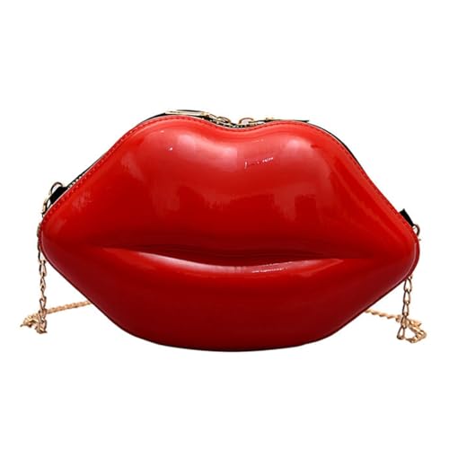 PLCPDM Umhängetasche aus Kunststoff, in Bonbonfarben, Lippen-Form, kleine Abendtasche, Handy-Tasche mit Metallkette für Damen, rot von PLCPDM